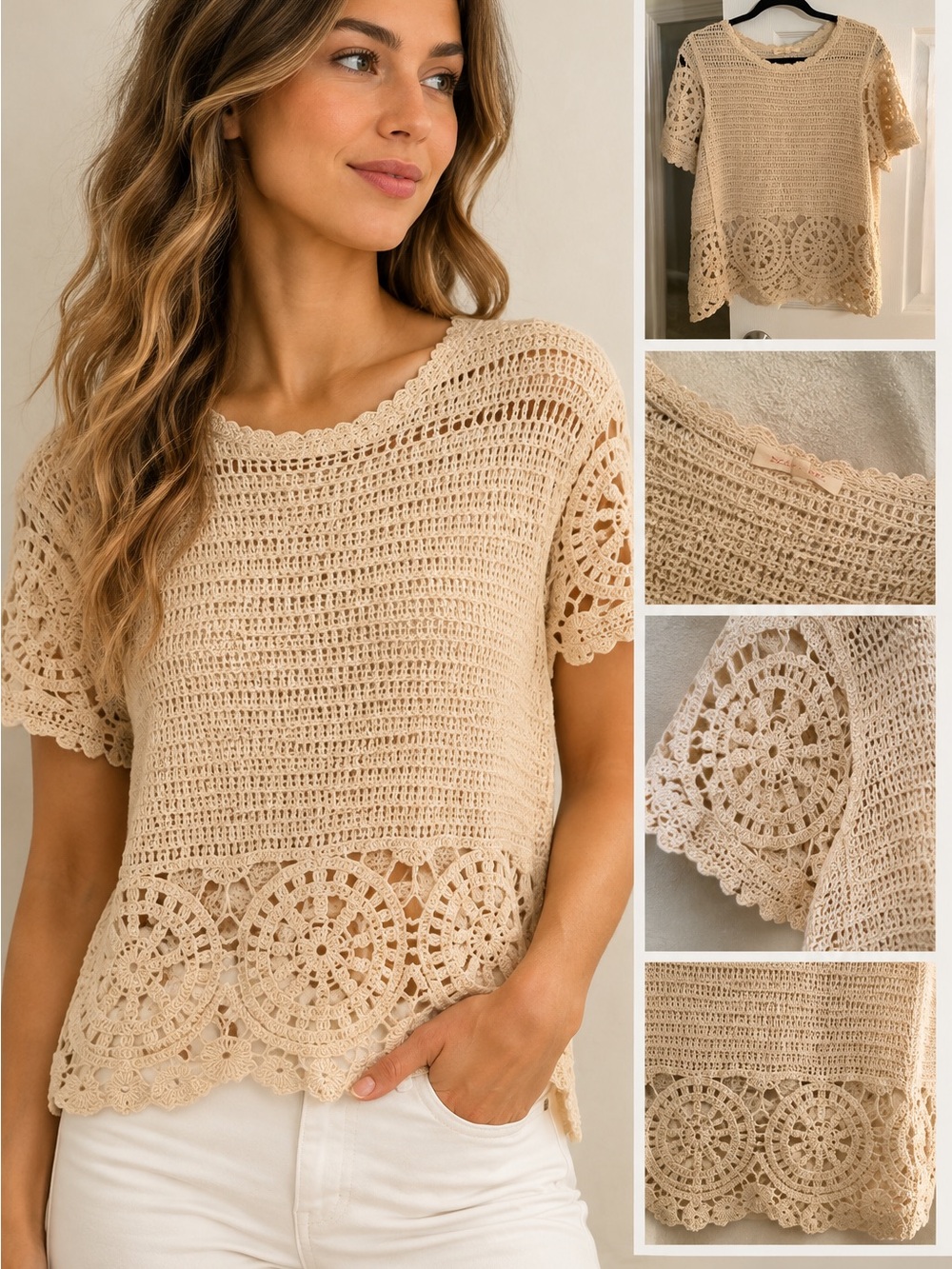 Solitaire Beige Crochet Short-Sleeve Crewneck Sweater Top